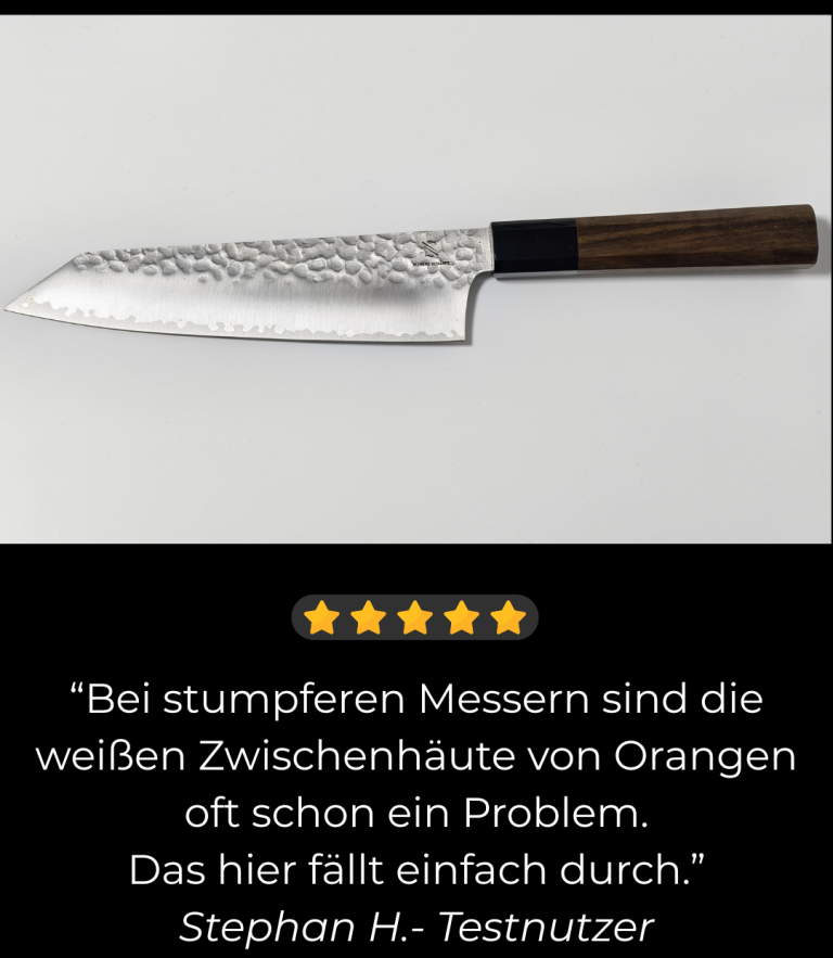Bild vom Messer; Walnuss-Griff mit schwarzer Büffelhorn-Zwinge, Hammerschlag-Finish, abgeflachte Spitze