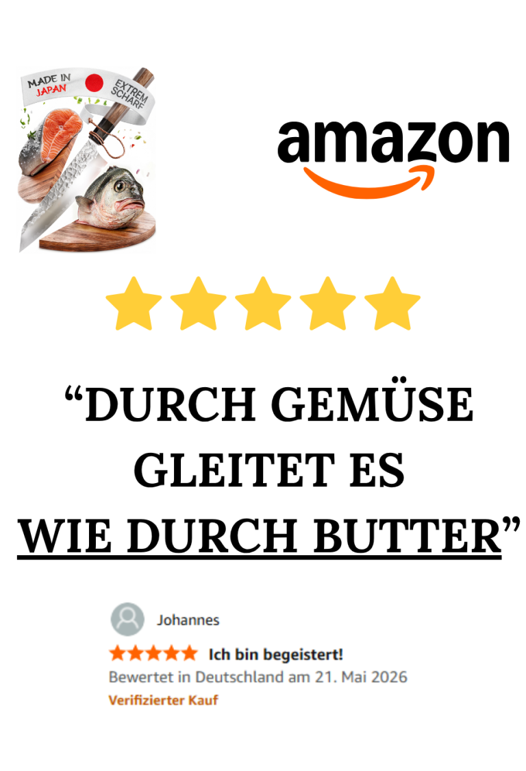 Bild vom Messer; Walnuss-Griff mit schwarzer Büffelhorn-Zwinge, Hammerschlag-Finish, abgeflachte Spitze
